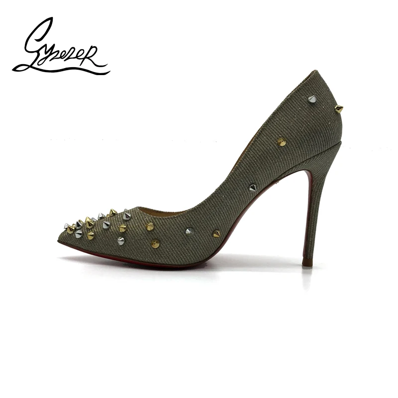 

Сексуальная Женская обувь Yuerui, туфли-лодочки на шпильке 8,5 см, модные туфли на высоком каблуке с золотыми заклепками, большой размер, обувь д...