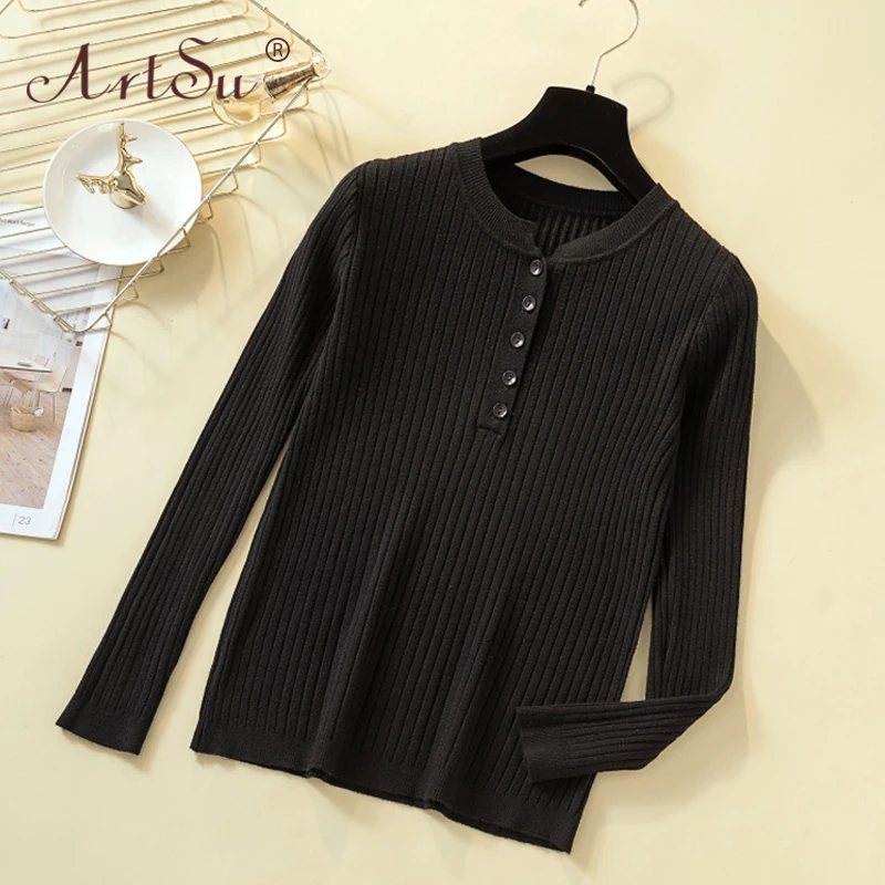

ArtSu Korean Style Candy Color All-Match Autumn Long Sleeve Knitted Tops Women Pullover Female O-Neck Casual Green Sweater New