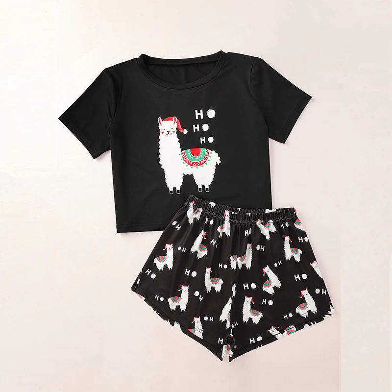 

2020 Christmas Alpaca Letter Carton Funny Pritned Short Sleeve Tshirt Shorts Pajama Set Women Christmas Pajamas DropShipping