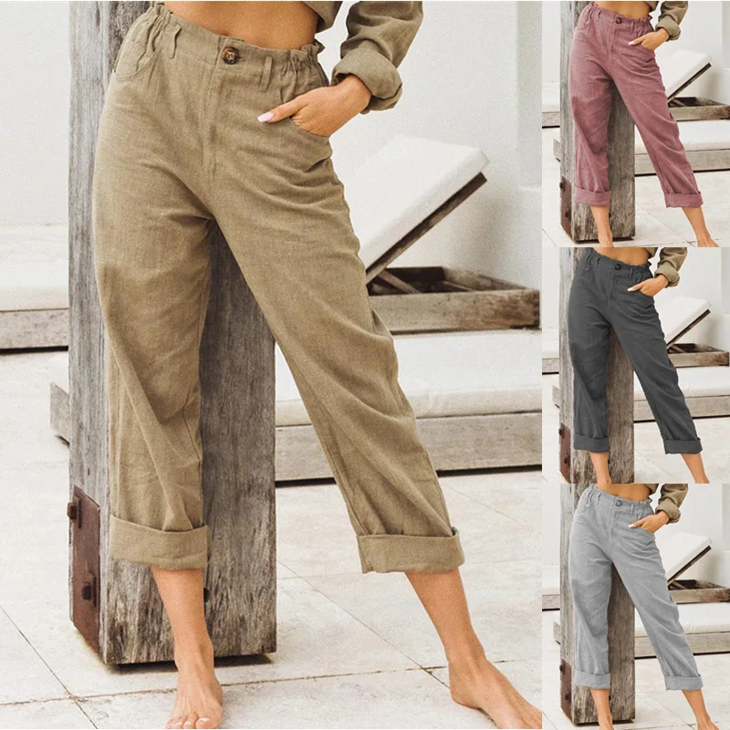 

New Women Casual Basic Loose Elastic Long Pant Trousers Straight Button Plus Size S~5XL