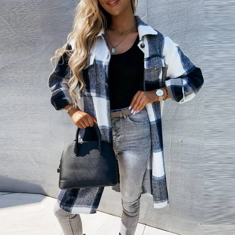 

2021 New Harajuku Plaid Shirt Coat Women Casual Loose Blend Coat Long Sleeve Lapel Warm Trench Coats Female Chic Tops
