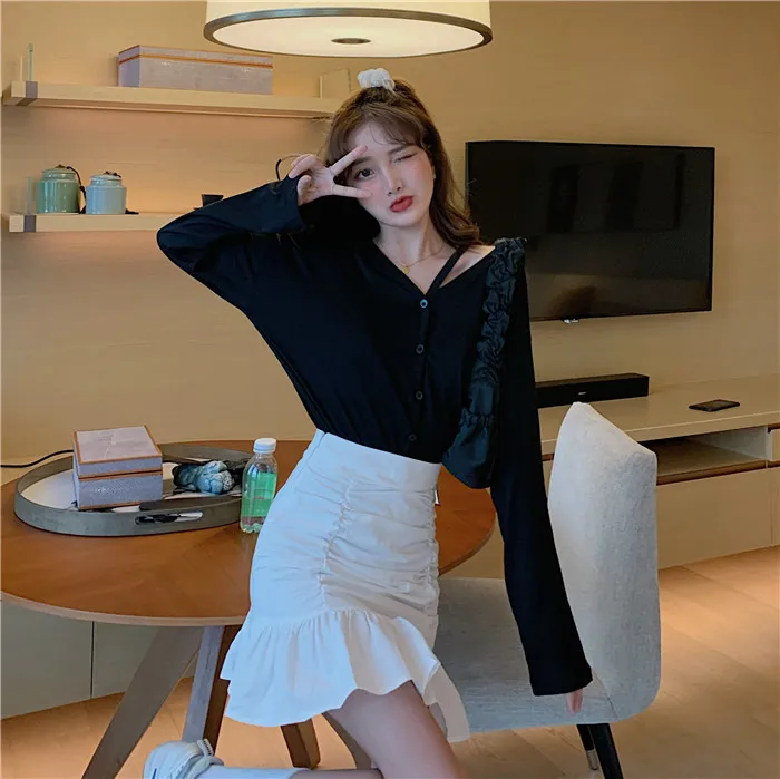 Фото Young Girls' Summer Fishtail Skirt Black White High Waist Pleated Patchwork Ruffles Woman Mermaid Skirts Slim Hips Female Женская Young Girls' Summer Fishtail Skirt Black White High Waist Pleated Patchwork Ruffles Woman Mermaid Skirts Slim Hips Female Женская