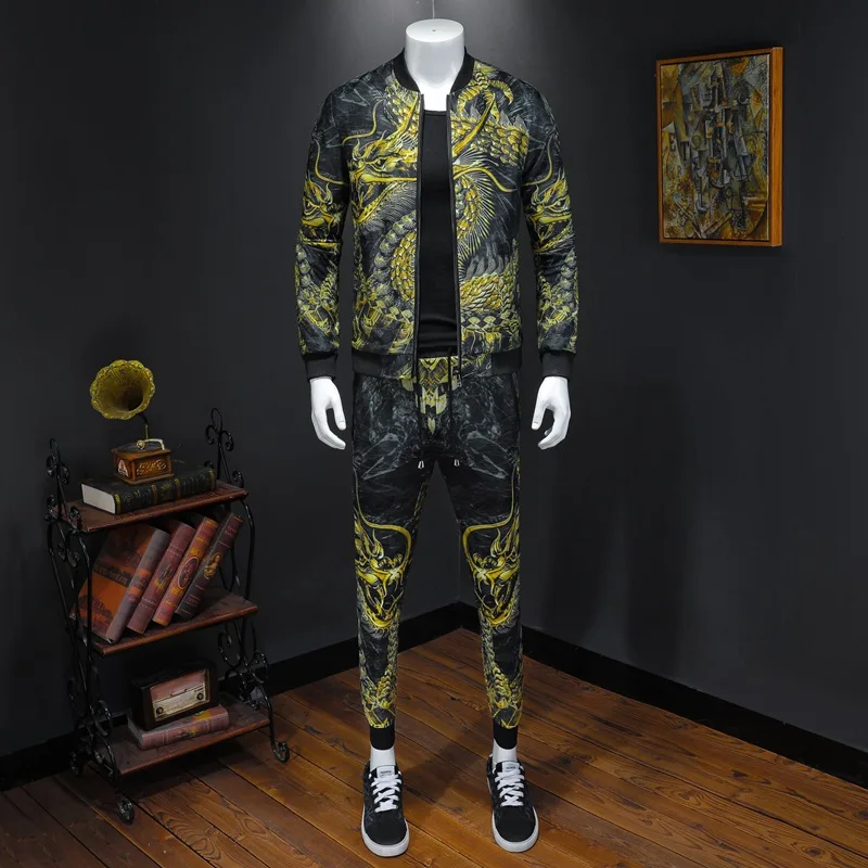 

Мужской повседневный костюм, футболка с коротким рукавом и брюки с принтом в виде настоящего дракона, спортивный костюм, 2021
