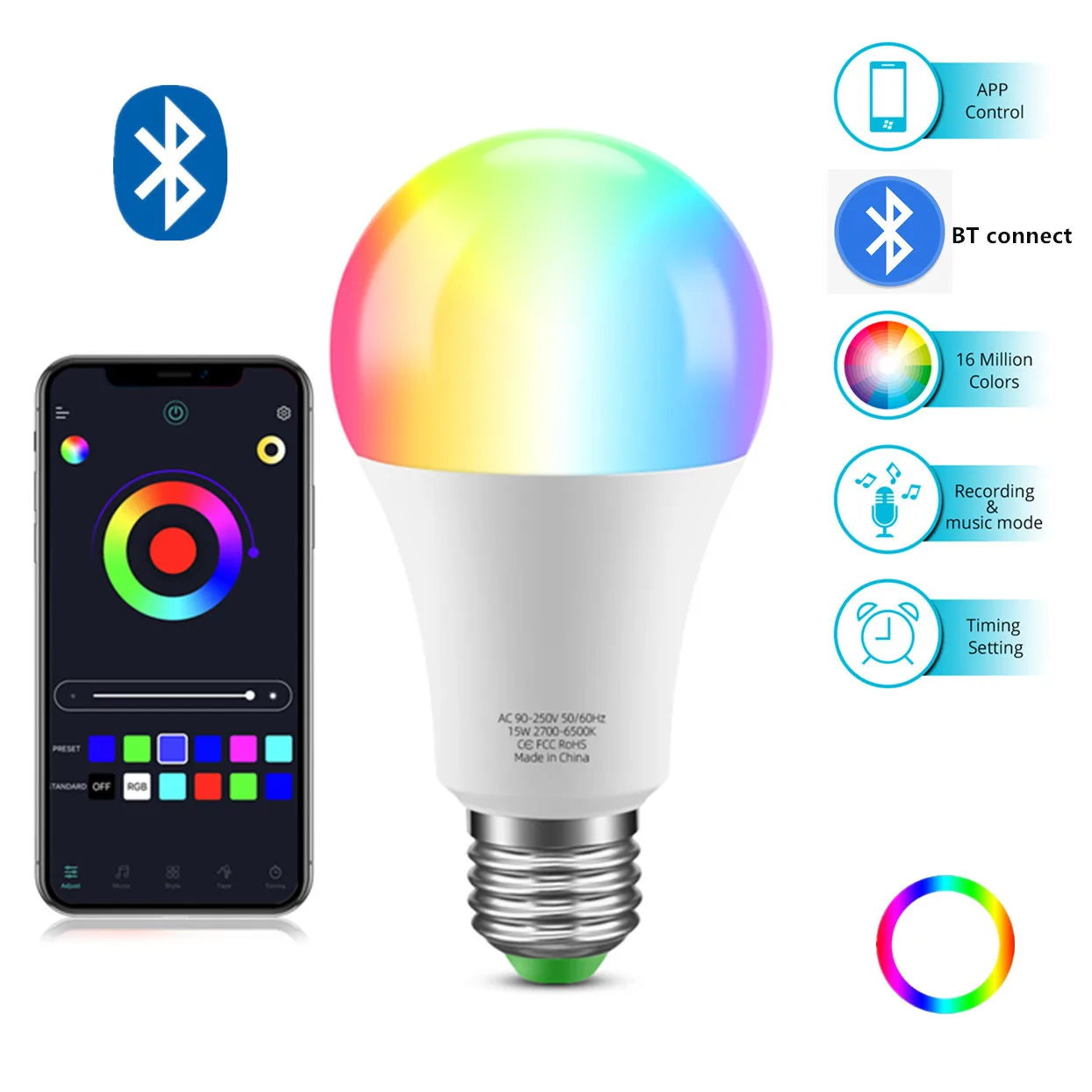 

Wireless LED Lighting Lamp Bluetooth 4.0 APP LED Bulb E27 Dimmable RGBW RGBWW 15W AC85-265V Indoor Chandelier Smart Home