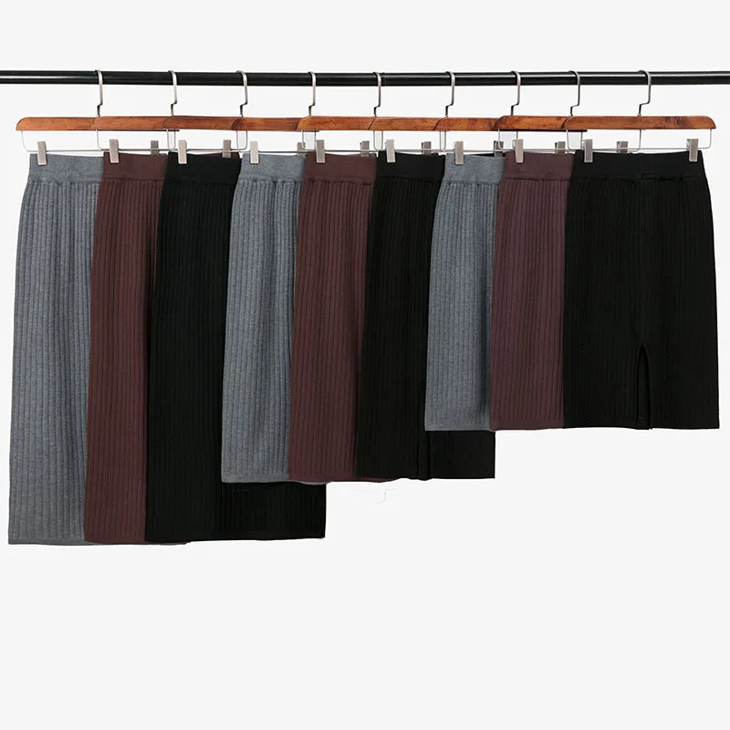 

WWENN Skirt Women Office Skirt Spring Autumn Sexy Warm Knitted Black Pencil High Waist Elegant Split Skir Party Club Skirt