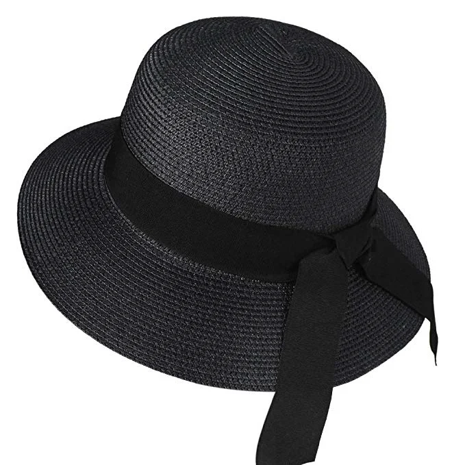 FURTALK летняя шляпа для женщин соломенная шляпа Панама Шляпа fedora Пляжные шапки обувь девочек SH020 - Цвет: black
