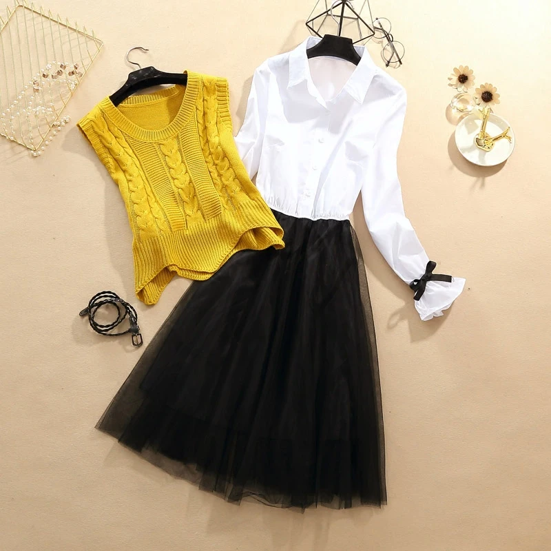 

2021 spring and autumn new long sleeve lace mesh skirt shirt collar two piece puff skirt mid long waist dress