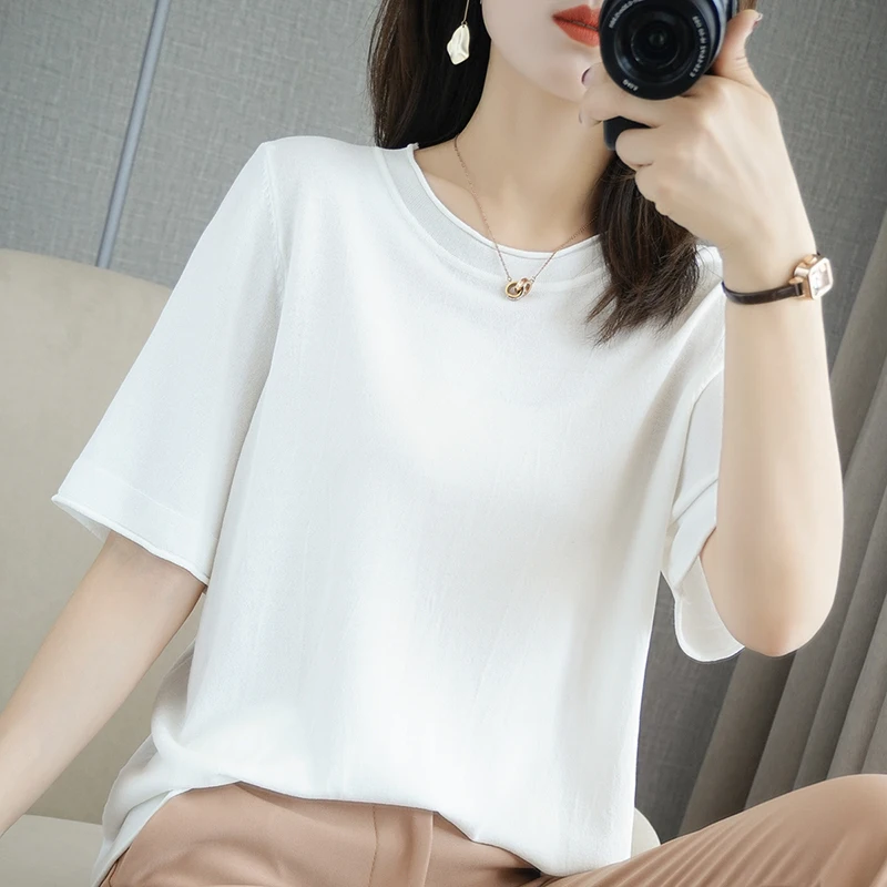 

BARESKIY T-shirt Ladies O-neck Pure Cotton Short Sleeve Casual T-shirt Knitted Loose Plus Size Top Ladies 2021 Summer T-shirt
