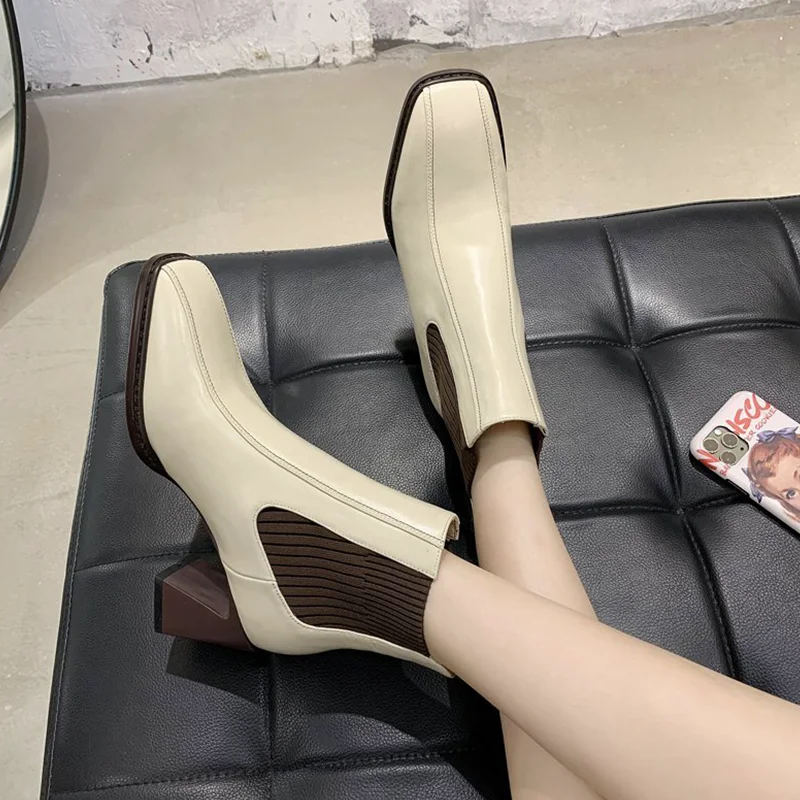 Leather Boots Women Shoes High Heel 7cm Fashion Shoes for Girls Women Ankle Boots Autumn Shoes Women New Arrival Chunky Heels
