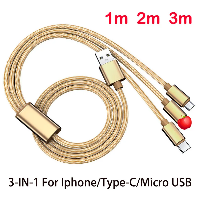 3 в 1 USB кабель для iphone5 6 7plus 8 Xr XS type-C micro Samsung Xiaomi USB3A быстрой зарядки м 2 длиннее |