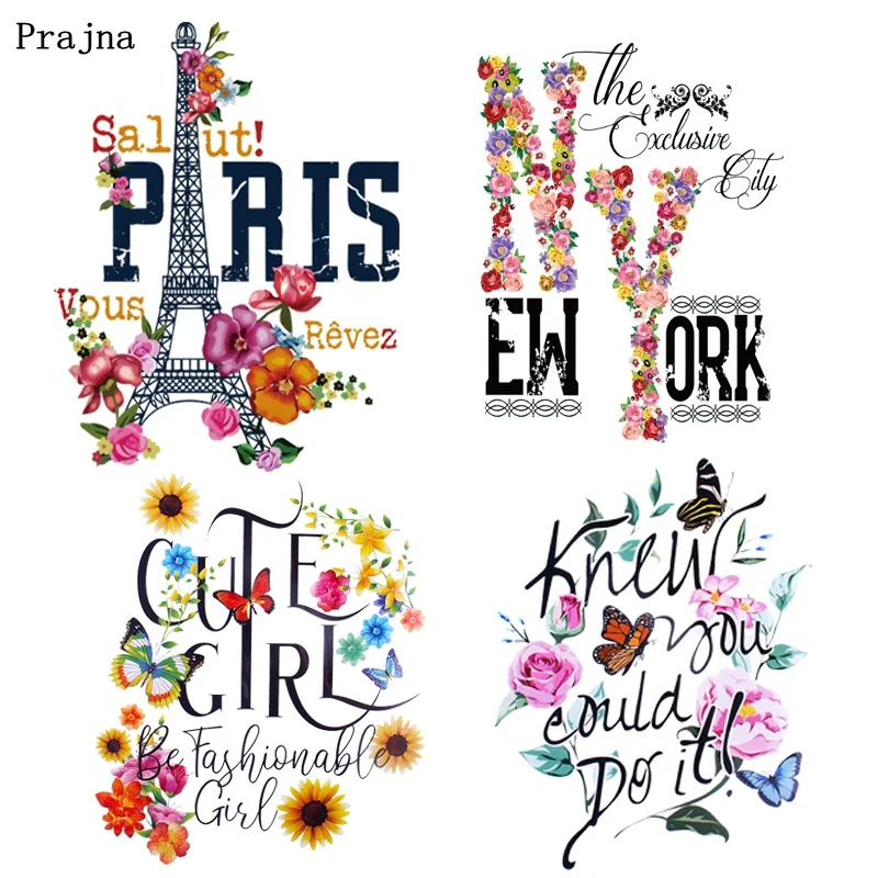 

Prajna Paris Tower Patches Beauty Flower Iron On Transfers For Clothing Applique DIY Cartoon Heat Transfers Patches For Clothes