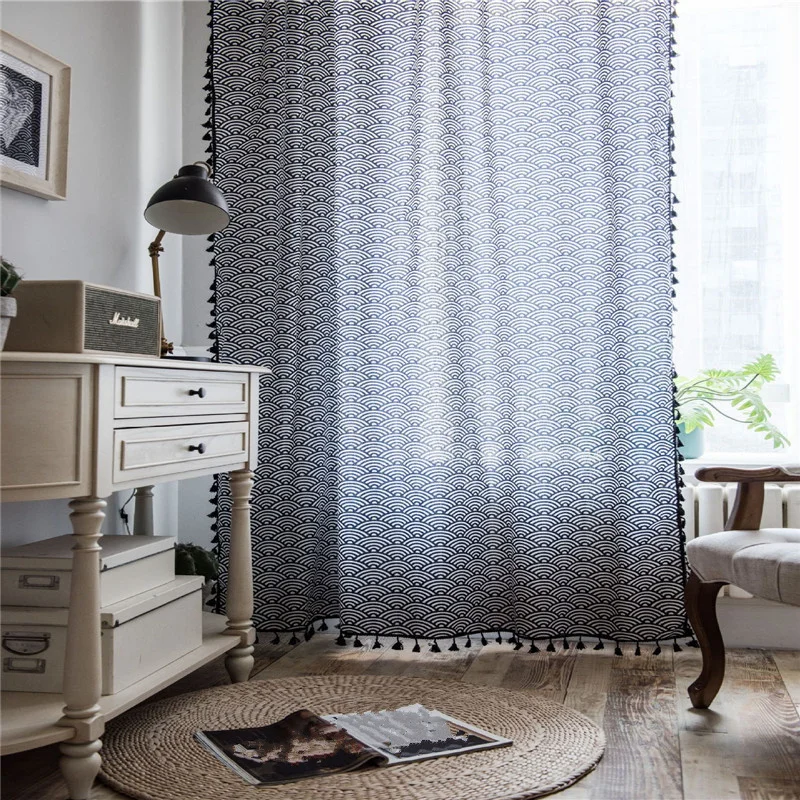 В синюю волнистую-стиль с принтом шторы кисточкой обогащение окна из хлопка и