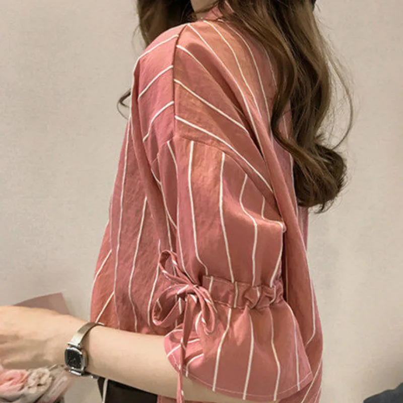 

Shirts Women Plus Size Loose Striped Short Sleeve Korean Chic Leisure Daily Casual Blouses Elegant Vintage Womens Streetwear New