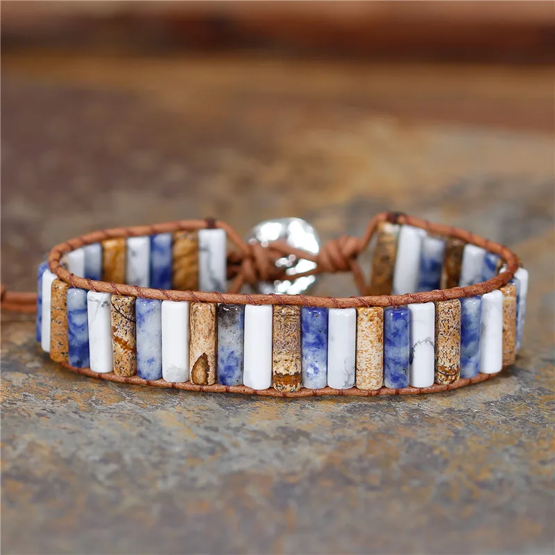 

Jasper Tube Beads Bracelet Jewelry Handmade Multi Color Natural Stone Leather Wrap Bracelet Couples Bracelets Gifts Dropshiping