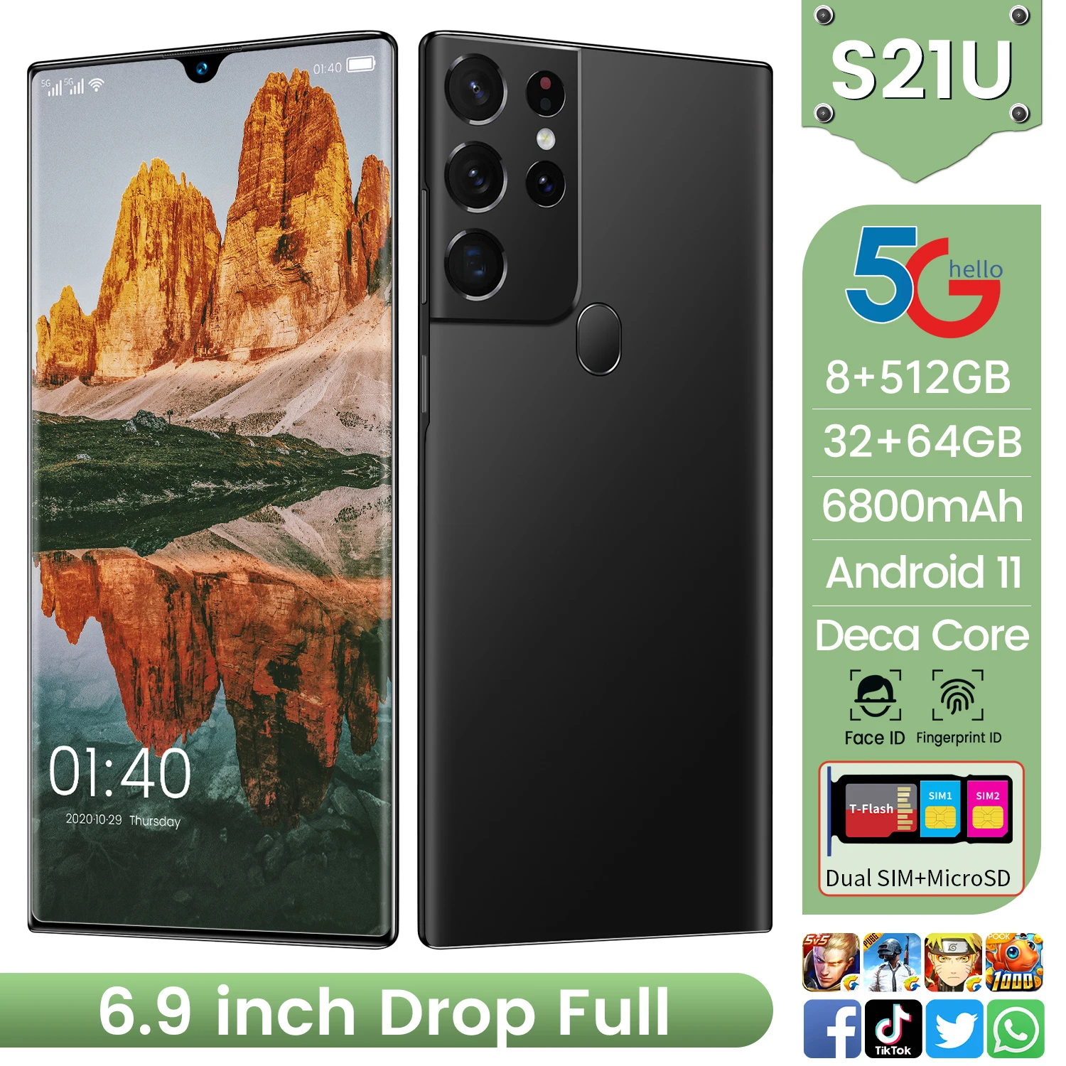 

S21U 6.9 Inch 16+512GB Smartphone 32MP+64MP Real Fingerprint LTE 3G+4G Telephone 32MP+64MP 6800mAh Battery Gaming Phone