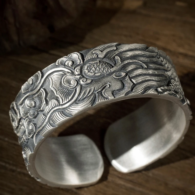 

RetroSen Design Handmade Snowflake Silver Bracelet Men's Ancient Dragon Embossed Craftsmanship Jewelry Accessory