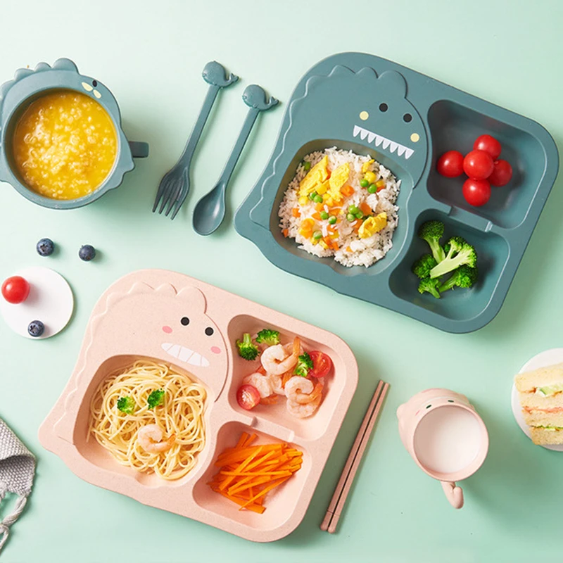 

6Pcs/ Set Baby Cartoon Dinosaur Tableware Children's Dinnerware Set Home Anti-hot Wheat Straw Training Plate Kids Feeding Dishes