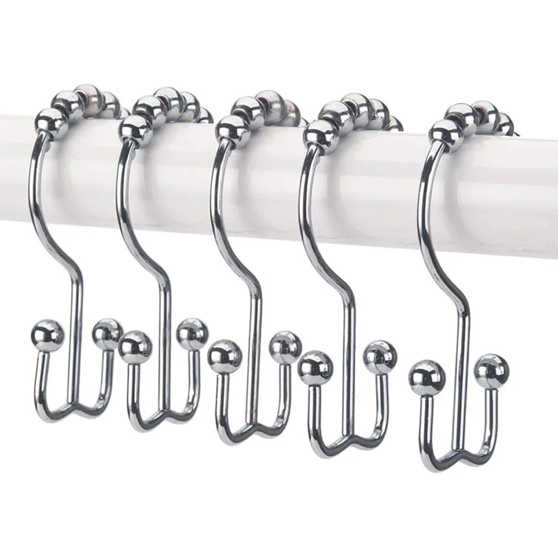 

12Pcs Stainless Steel Curtain Hooks Bath Curtain Rollerball Shower Curtain Rings Hooks 5 Rollers Polished Satin Nickel Ball