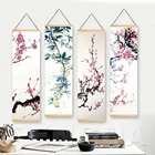 Настенное художественное изображение на холсте в скандинавском стиле, плакат с цветами сливы, деревянная свитка, подвесная картина с принтом, украшение для дома, гостиной