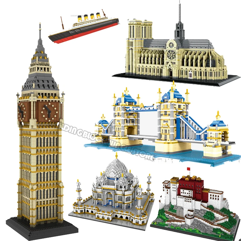 

World-famous building, Eiffel Tower, Big Ben, Notre Dame Cathedral, Potala Palace, Taj Mahal 3D model building blocks