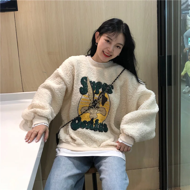 

2021 Spring cartoon rabbit lamb wool sweater female Oversized Korean plus velvet thick fried street jacket tide free shipping