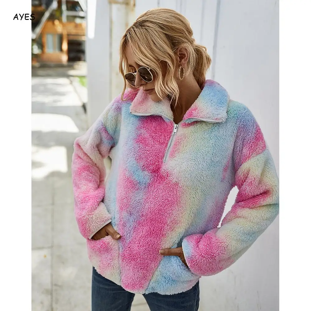 

Women Fleece Sweatshirt Winter Faux Fur Hoodies Tops Pullover Sweatshirt Fluffly Female Hoody Turn Down Collar Tie Dye Tops 2020