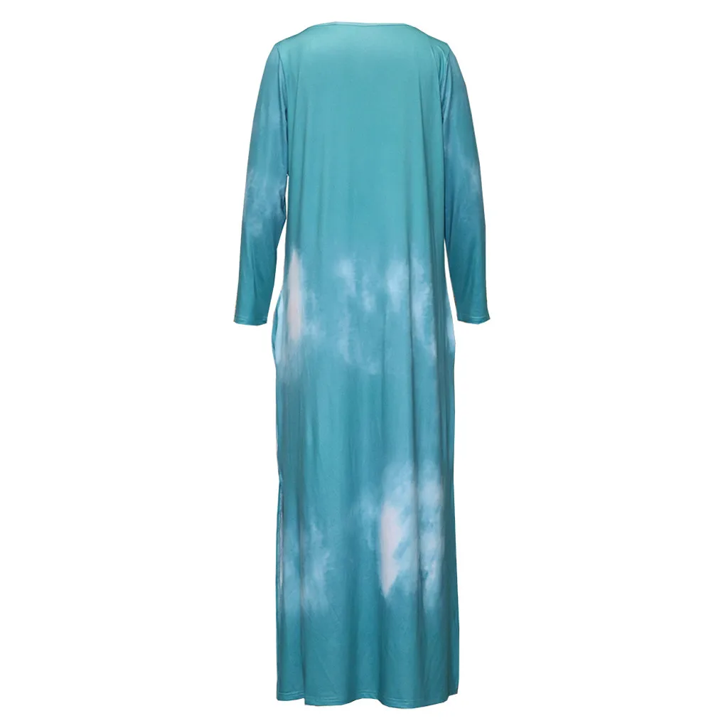 Tie Dye длинное платье для женщин хиппи душа печати о-образным вырезом свободного покроя с длинным рукавом рубашка макси платья размера плюс сплит винтажное платье