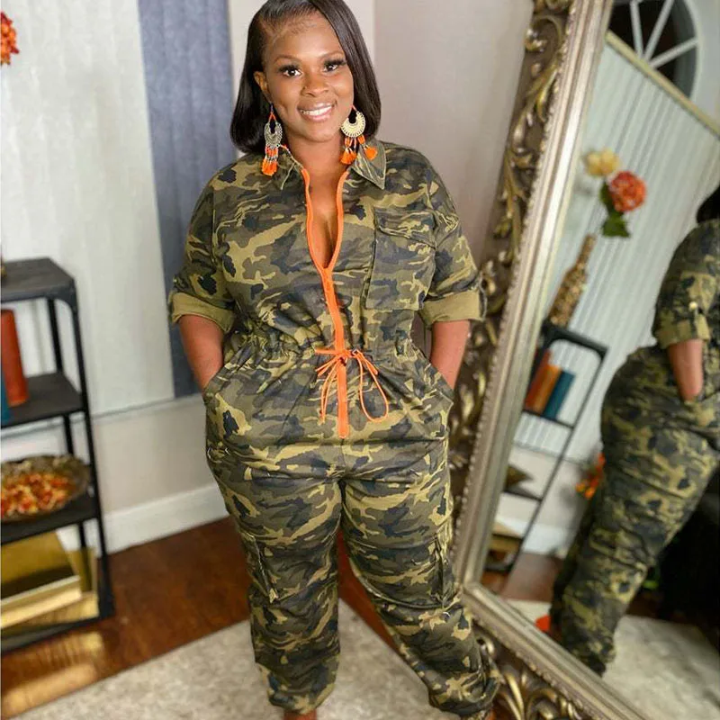 

5XL Camouflage Printed Jumpsuit Women Cargo Pants Zipper Turn-down Collar Loose Casual Rompers Plus Size Overalls with Pockets