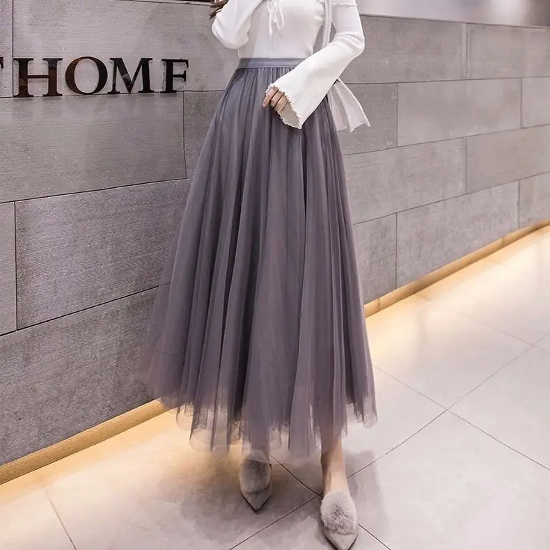 women skirt Юбка женская Весна Зима винтажные юбки Эластичная Высокая талия тюль сетка юбка длинная Плиссированная Юбка-пачка Женская Jupe Longue - Цвет: women skirt