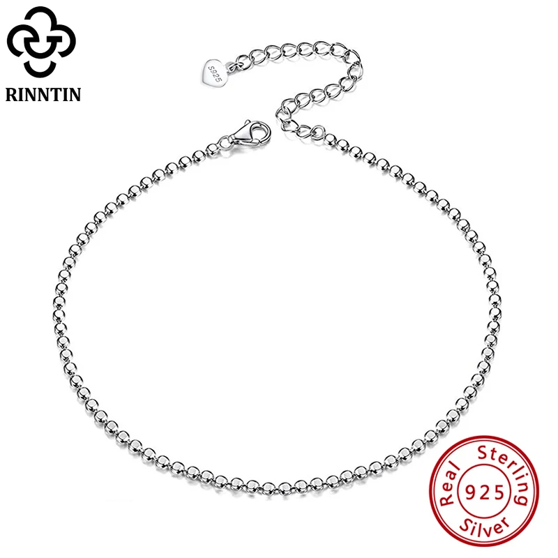 Rinntin 925 Sterling Silver Beads Chain Anklet for Women Fashion Adjustable Summer Beach Foot Bracelet Anklets Jewelry SA13