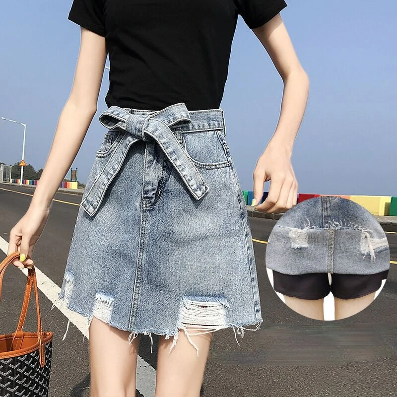 

Female Korean All-match A-line Chic Skirt 2021 Summer Women New Fashion High Waist Ripped Bow Denim Skirts Casual Streetwears