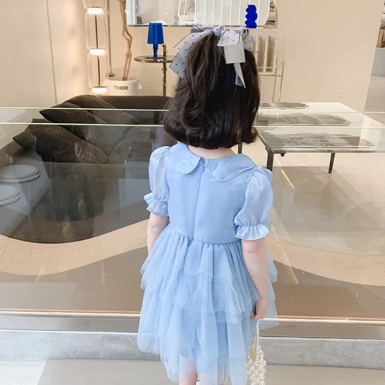 

Summer New Fashion Girls Layered Dress Baby Kids Peter pan Collar Puff Sleeve Ball Gown Dresses Child Princess Solid Clothing