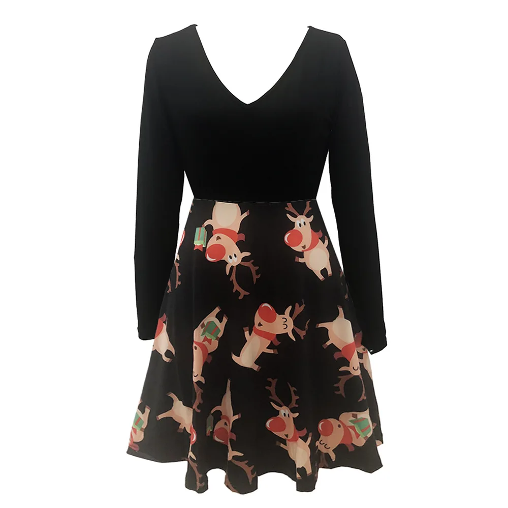 

Sexy V-Neck Print Women Christmas Party Dress Long Sleeve A-Line Autumn Winter Dress 2020 High Waist Ladies Casual Red Dresses