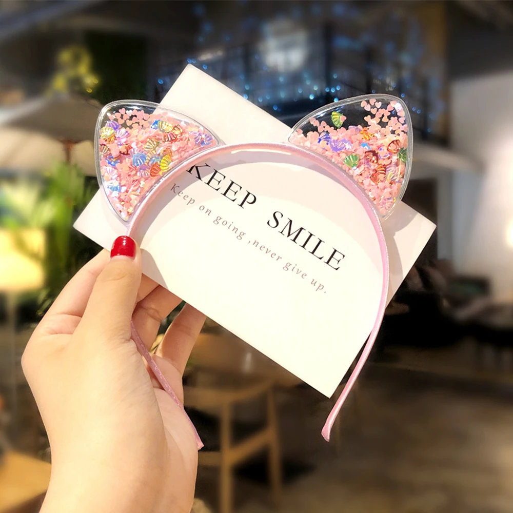

Kawaii Shiny Sequins Cat Ears Headband for Girl Manual Cat Ears Hairband Kid Hair Accessories for Women Cartoon Headband