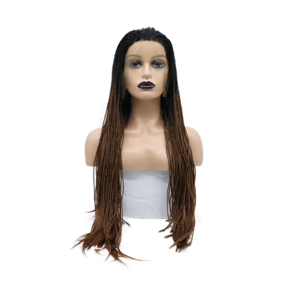 Brown Lace Front Braid Wig Black to Brown Micro Braid with Bavy Hair Hand Made Hest Resistant Fiber Synthetic wig for Womem 20''