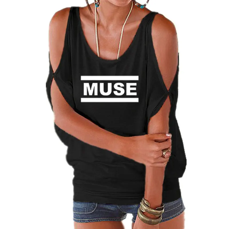 Muse t shirts Women muse t shirt Summer Sexy Off Shoulder Tees Batwing Short Sleeve Lace up t shirts Tops Rock Band T-Shirts