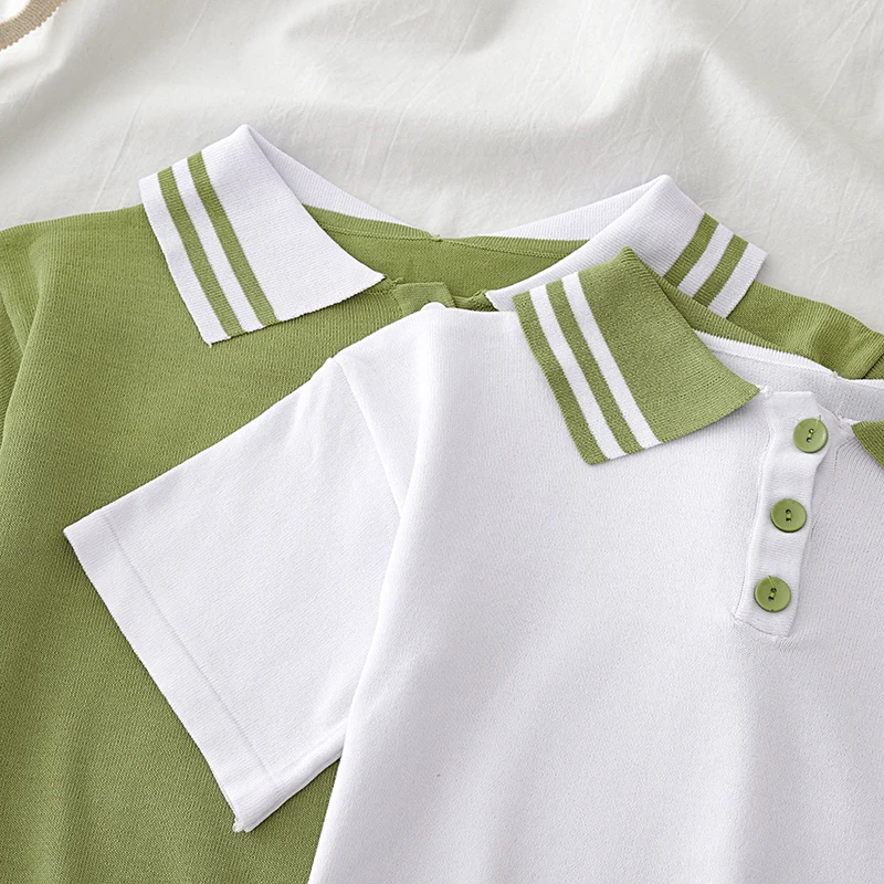 HELIAR Green Polo Shirt Knit Peter pan Collar Knitted T-shirts Short Sleeve Casual Solid High Street For Women | Женская одежда