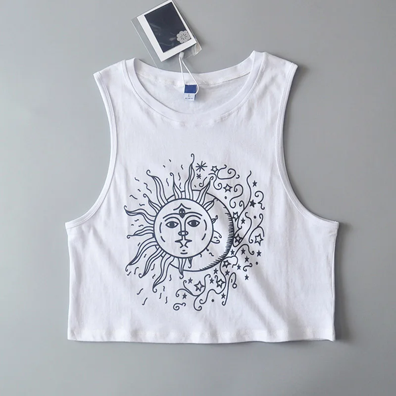 Sun white Новые женские майки свободные готические символы Луна солнце печать укороченный топ без рукавов топики майка - Цвет: Sun white
