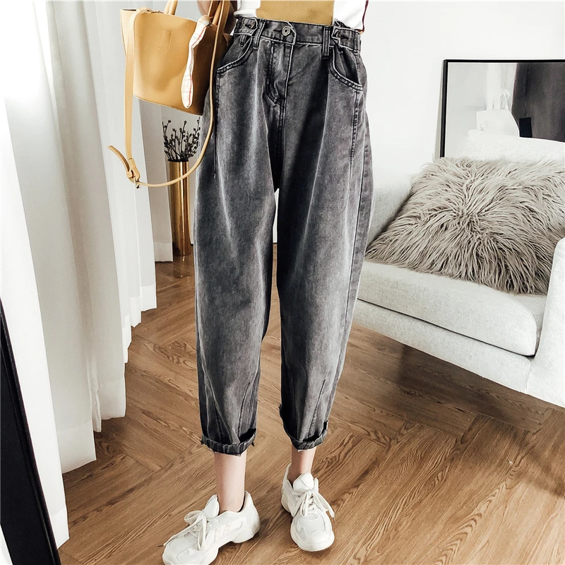 

High Waist Cropped Denim Pants Women's BF Autumn Large Size Fat Girl Korean Style Loose Student Straight Wide Leg Harem Daddy