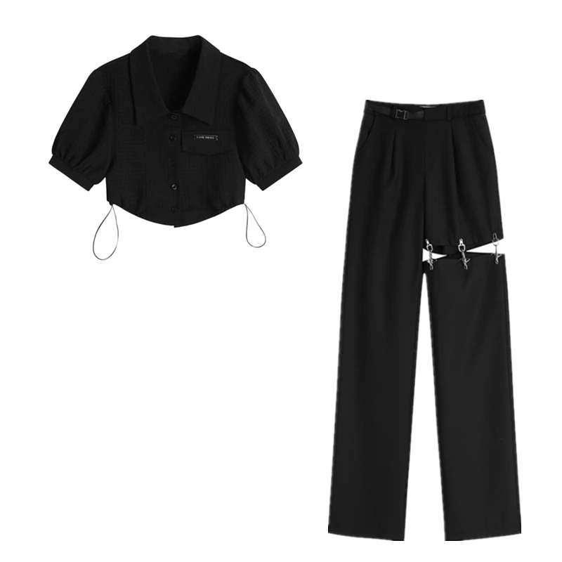 

Spring Summer New Style Black Drawstring Short High Waist Shirt T-shirt Women + Metal Hollow Straight-leg Pants Two-piece Suit