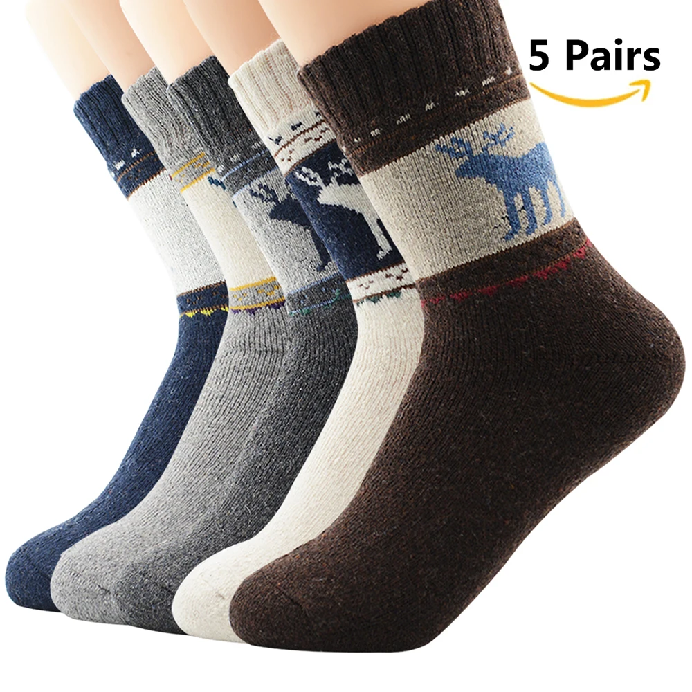 5 Pairs A Мужские носки, шерсть, хлопок, повседневные, высокое качество, бриллиантовый узор, мужские носки, зимние, толстые, теплые, 5 пар, счастливые, дышащие мужские носки - Цвет: 5 Pairs A
