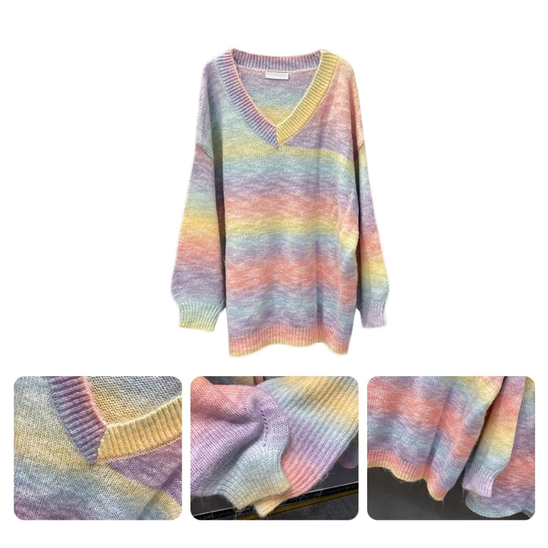 

Women Long Sleeve Rainbow Knitted Sweater Sexy V-neck Loose Pullover Jumper Female Spring Autumn Tops