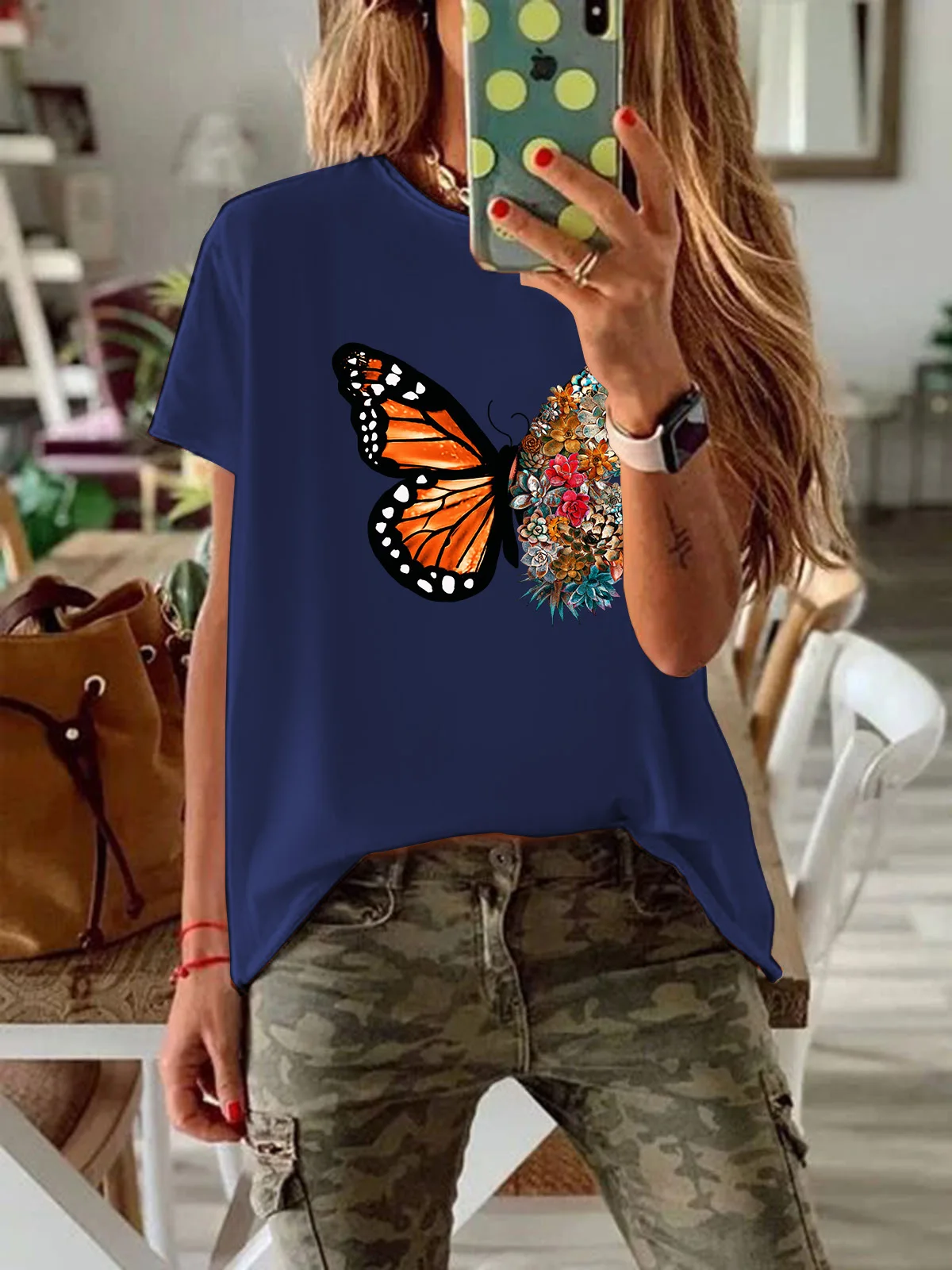 

Butterfly Flower Printing T-shirts Women Summer Clothes Tops for Girls Woman Tshirts Round Neck Camisetas Mujer