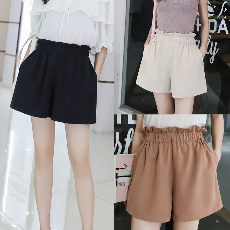 

Summer Women Shorts Wide Leg High Waist Solid Color Pockets Casual Ladies Loose Black Shorts 2020 New Arrival