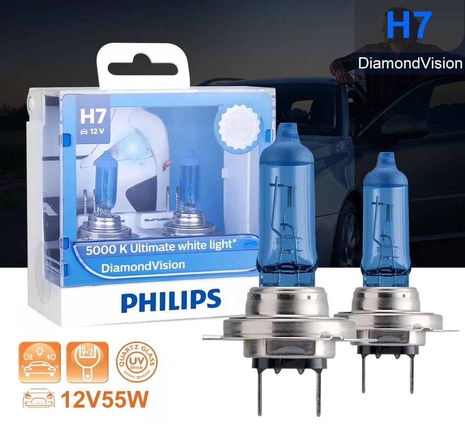 Philips h7 галогенный 55 Вт 12 В Diamond Vision 5000K Окончательный белый светильник авто лампа H7 головной светильник оригинальные аксессуары для автомобиля 2 шт