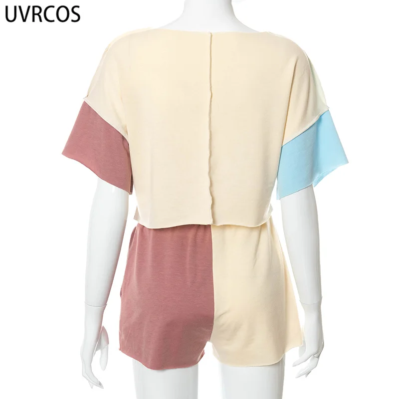 

UVRCOS Shorts Sets Summer 2021 New Arrival Fungus Patchwork Two Piece Set Womens Tee Shirt+Elastic Waist Shorts Combinations Set