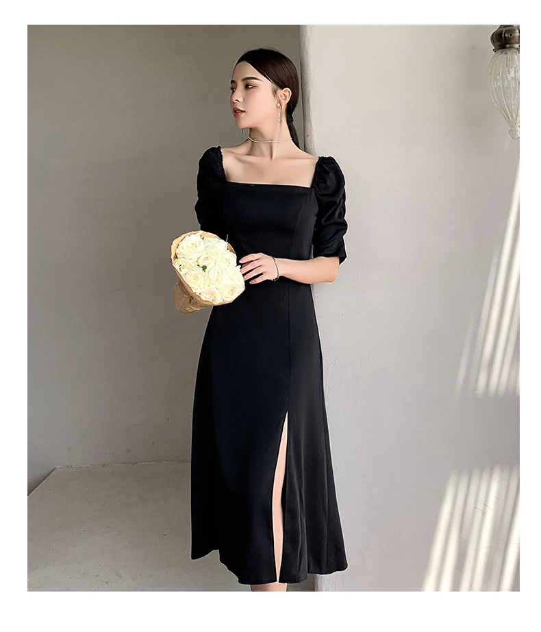 

Французское черное платье средней длины с квадратным вырезом