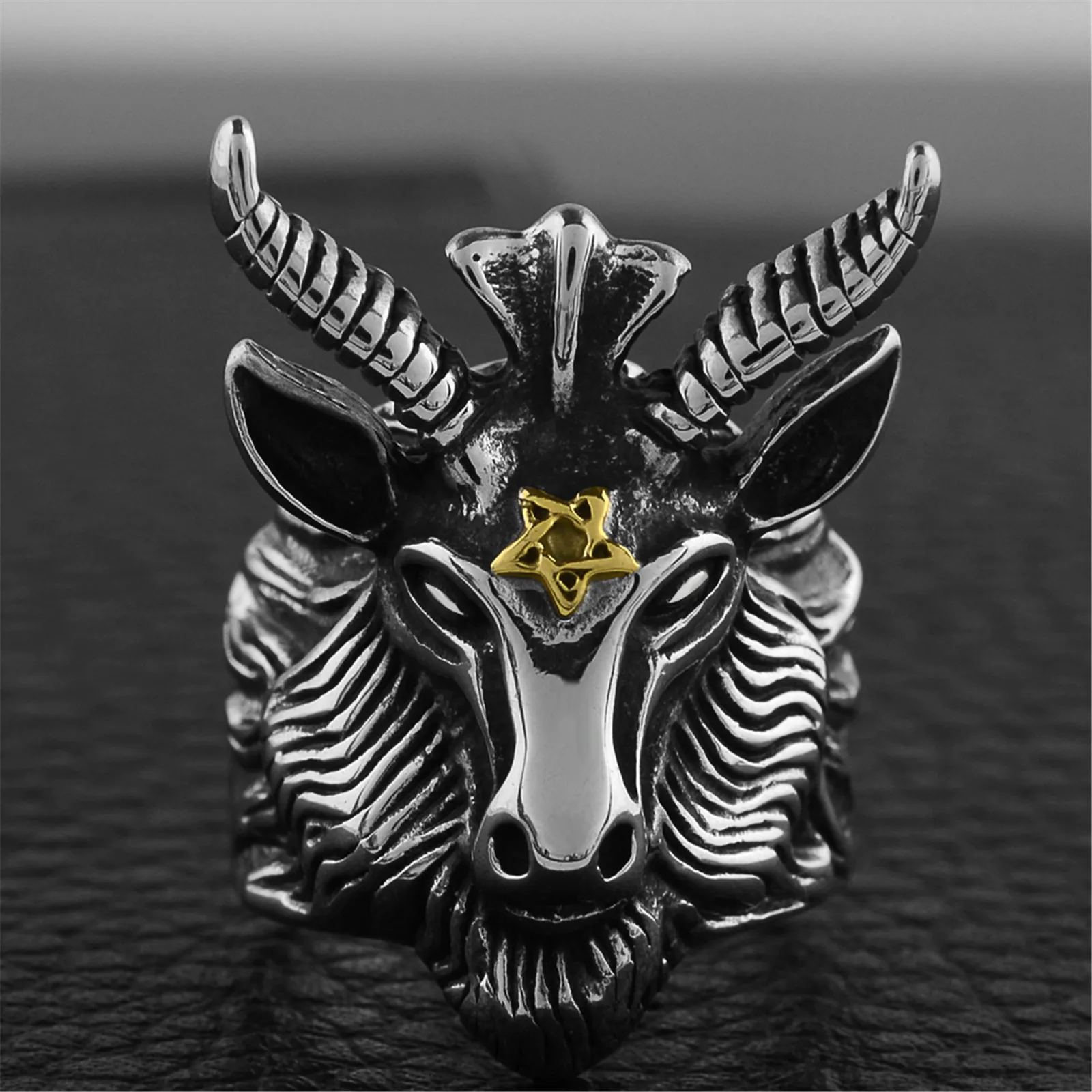 

Satan Ring Stainless Steel Baphomet Star Pentacle Titanium Devil Goat Skull Mens Rings Zodiac Sheep Punk Satanic Jewelry