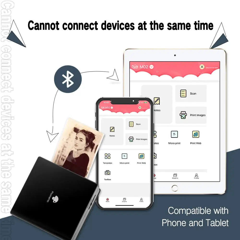 Мини принтер Phomemo M02 с Bluetooth термопринтер для фотосъемки 3 рулона прозрачная