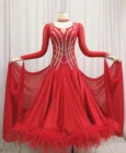 Платье женское для бальных танцев, красный вальс, с длинным рукавом
